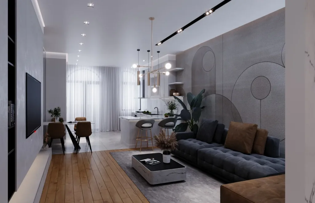 a living room filled with furniture and a flat screen tv