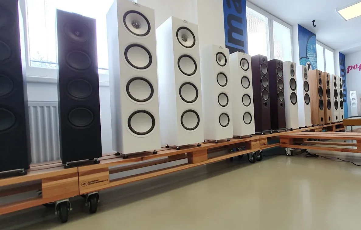 lined white and black speakers