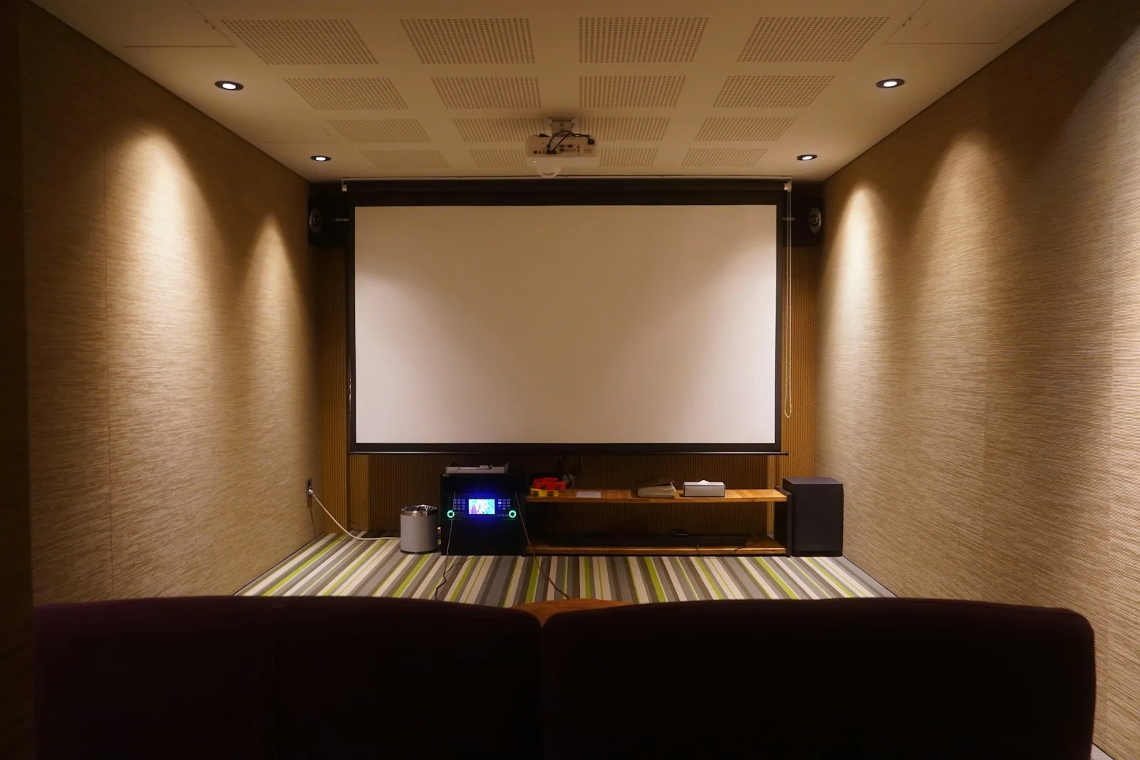Home theater with a screen and comfortable seating.